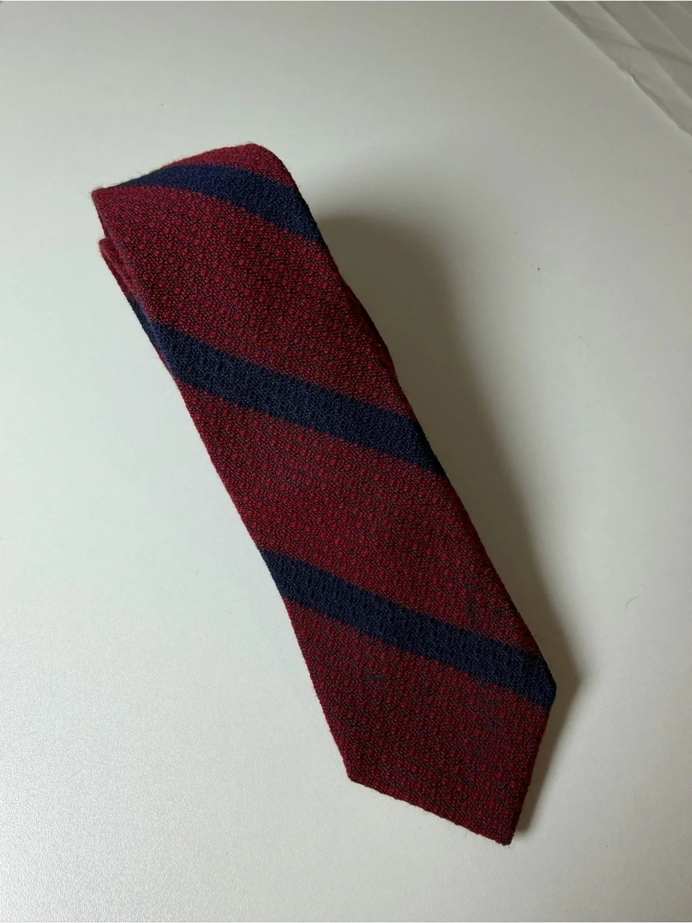 J. Crew Hand Made in USA Burgundy and Navy Slim Modern Tie with Wide Stripes